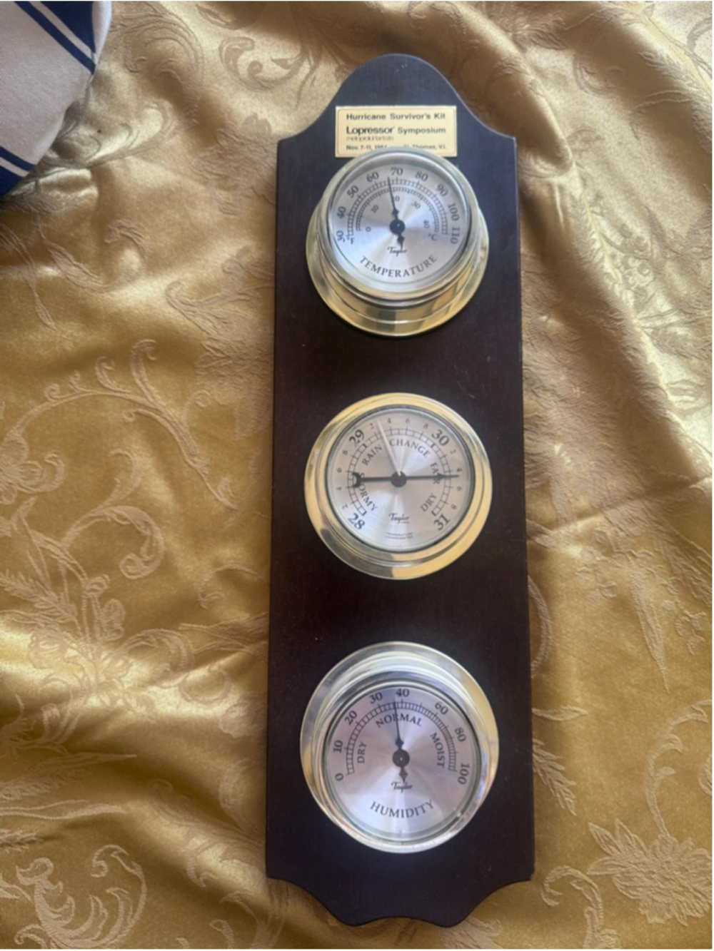 Vintage Wall Clock Weather Station Brown Silver